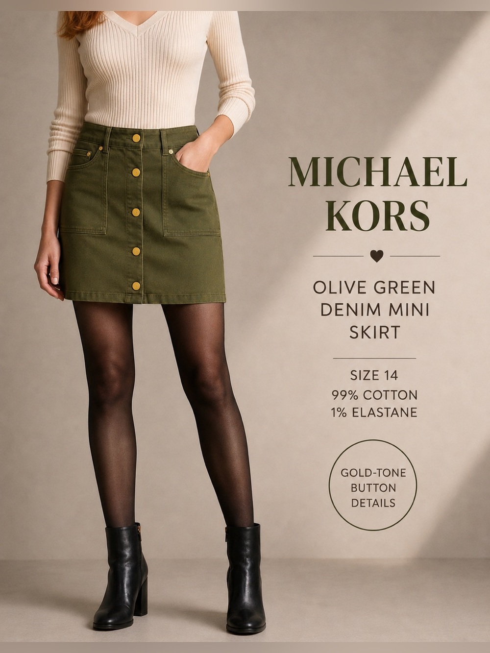 Michael Kors Olive Green Denim Cargo Mini Skirt Button down Front Y2K fall